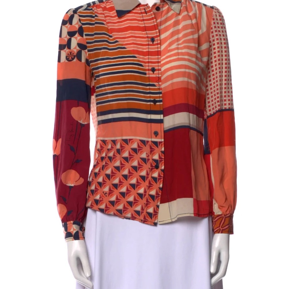 Tory Burch Silk Stripe Print Button Down Blouse Top 0 - Picture 2 of 4